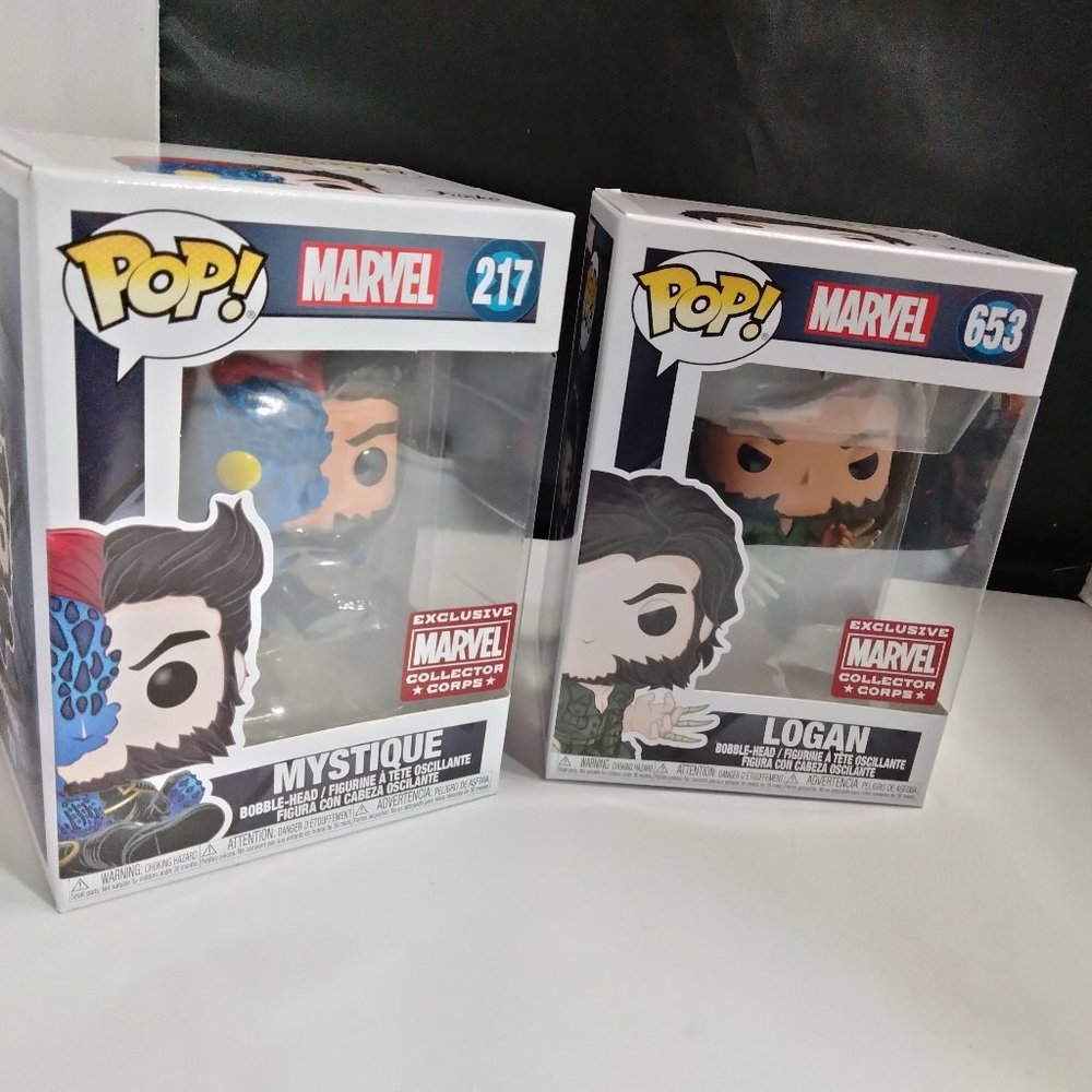 POP MARVEL 217 Mystique and MARVEL 653 Logan NIB Funko Bobble Head